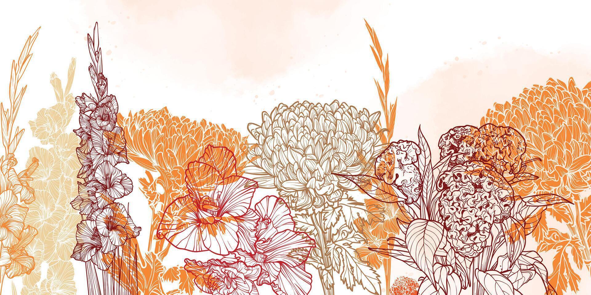 Abstract art background . Beautiful autumn wallpaper with line art chrysanthemum, gladiolus, celosia, and botanical leaves. Flowers on Watercolor. Botanical illustration for banner, poster, Web vector