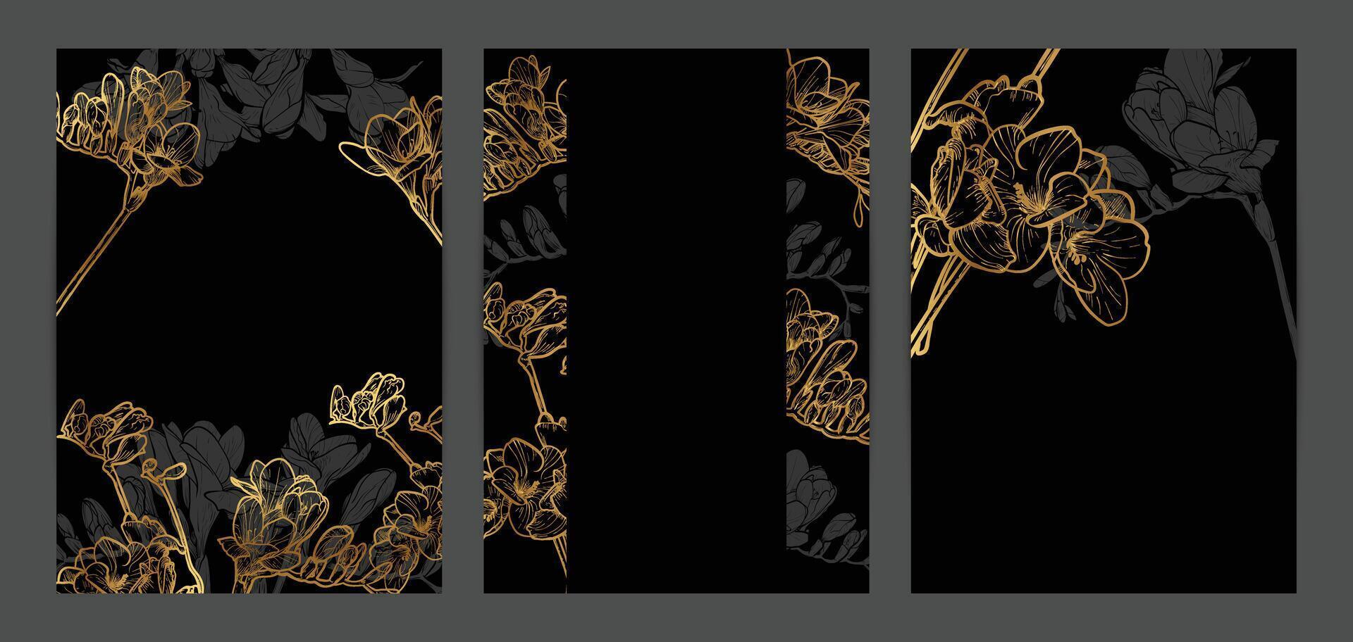 Beautiful golden wedding invitations. Modern and luxurious A4 format design with highly detailed flowers for print and web. Hand drawn freesias illustrations on black and gold design vector