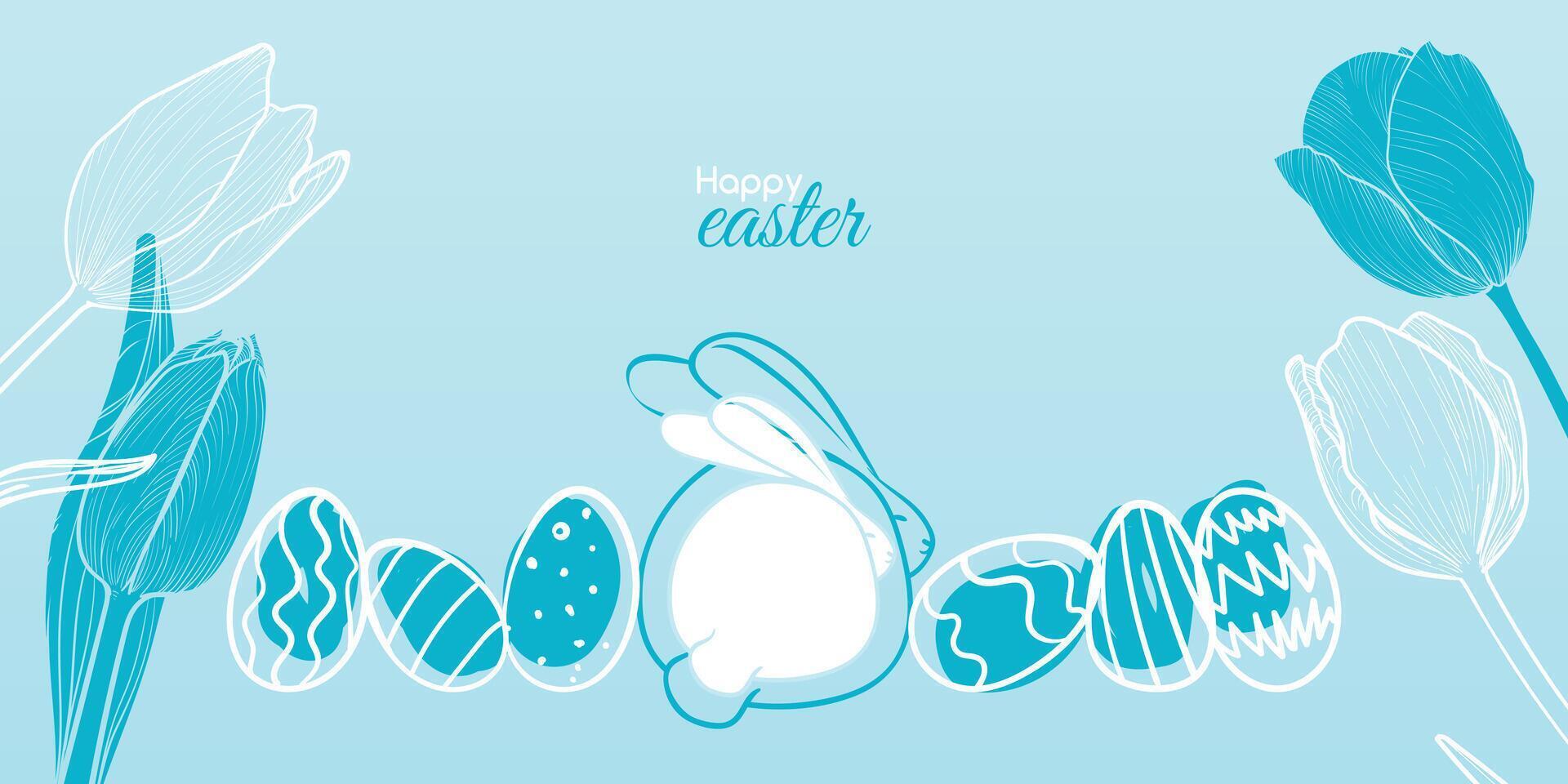 Light blue banner design for Happy Easter post. Illustration with hand drawn rabbit and eggs. Line art flowers on the background and a Happy Easter font mix. vector