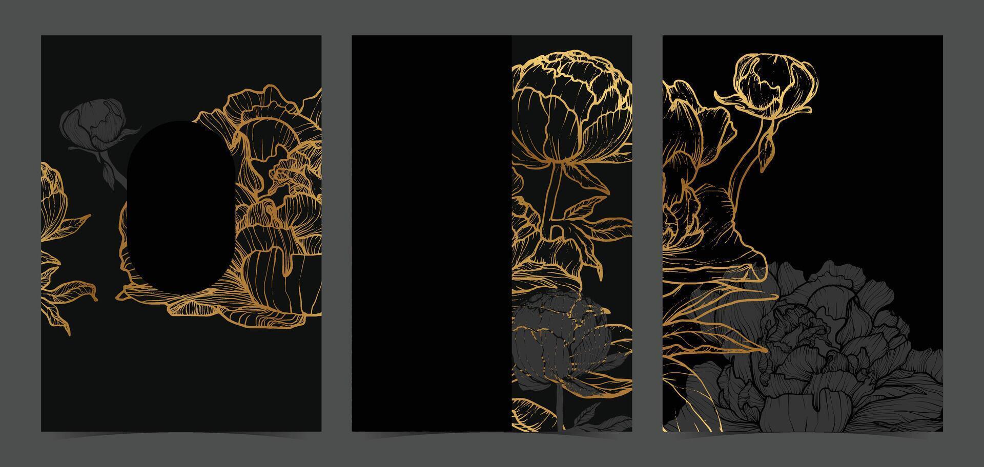 Beautiful golden peonies wedding invitations. Modern and luxurious A4 format design with highly detailed flowers for print and web. Hand drawn peonies illustrations on black and gold design vector