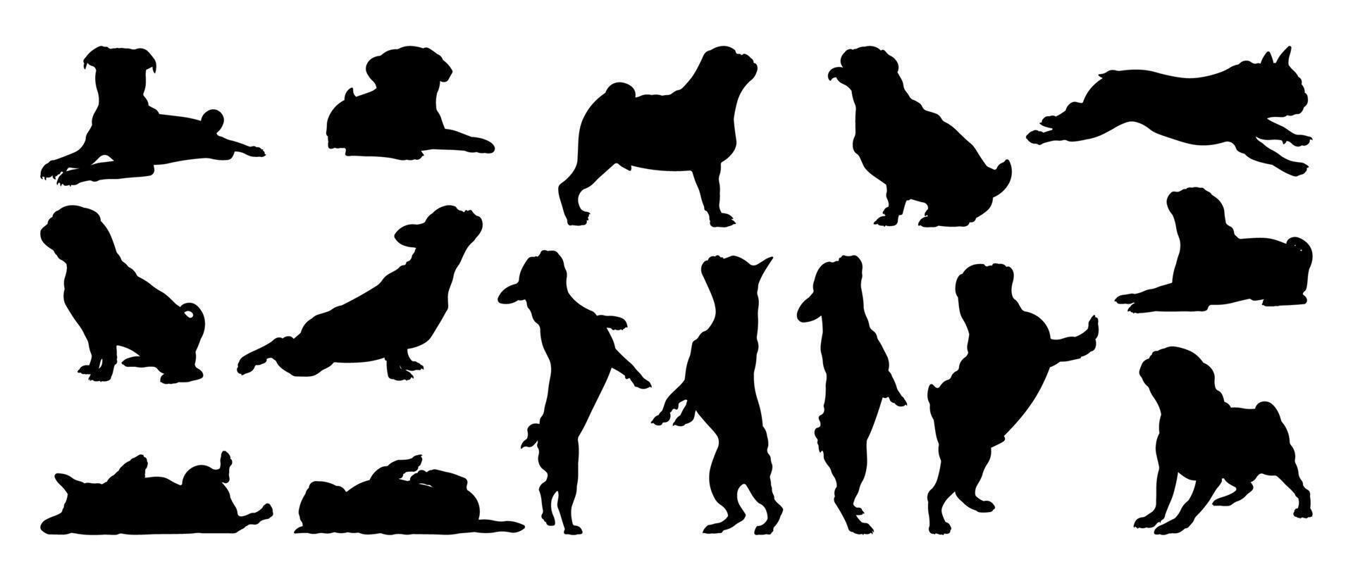 Pug Dog silhouette illustration set. vector