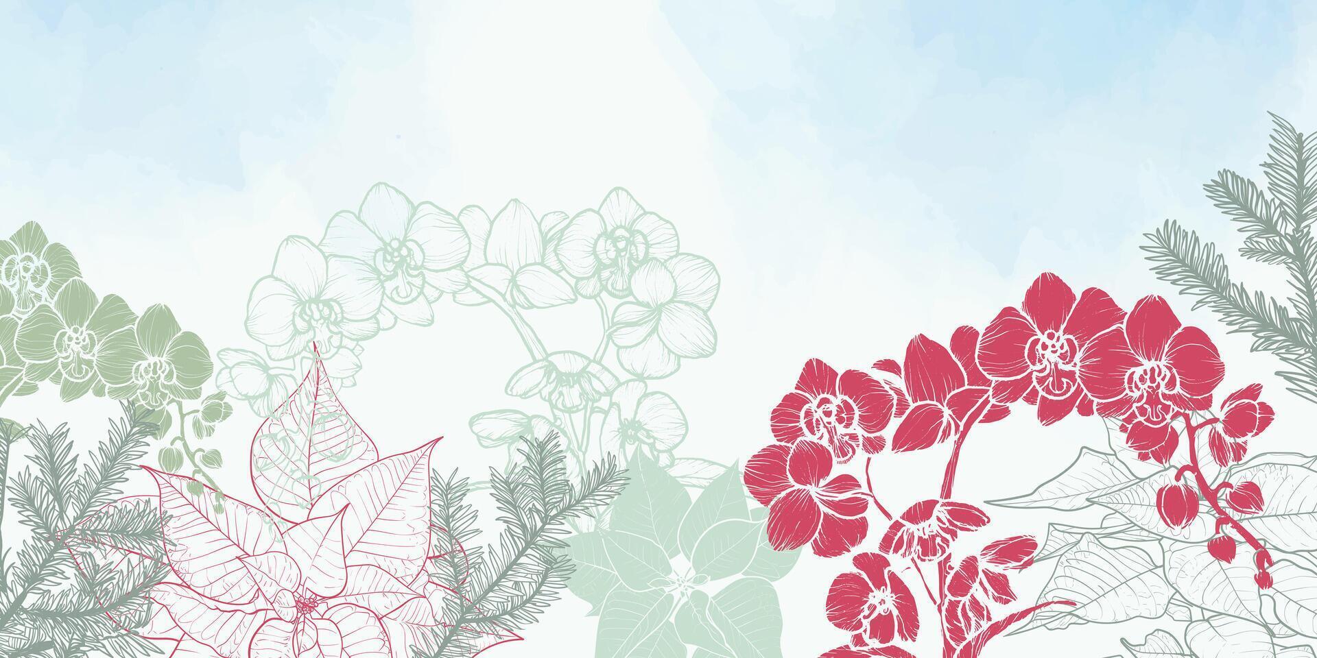 Abstract art background . Beautiful winter wallpaper with line art orchids, poinsettia, pine. Flowers on Watercolor background. Botanical illustration for banner, poster, Web vector