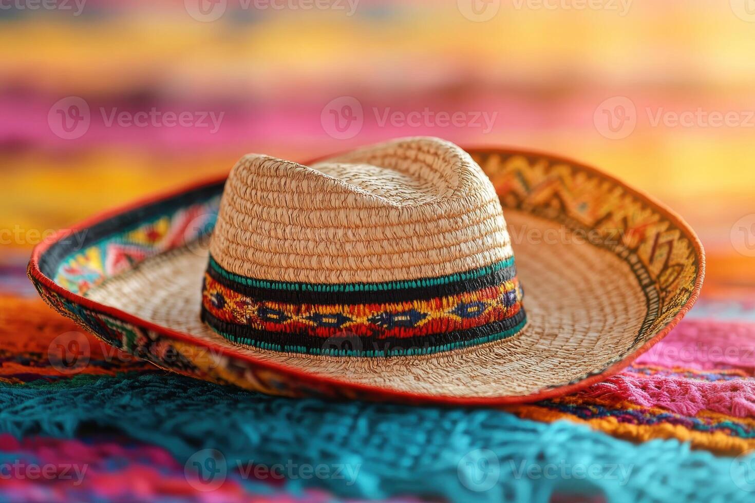 Festive Sombrero Displayed on a Vibrant Colorful Textile Background Perfect for Celebrating Cultural Events photo