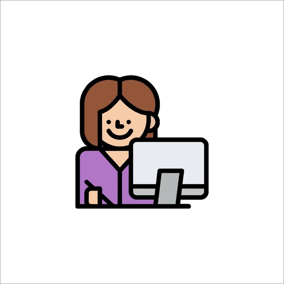 A woman is sitting at a computer and smiling vector