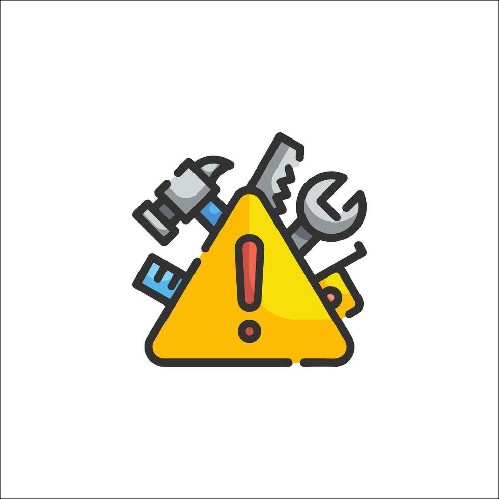 A yellow caution sign with tools and a red exclamation mark vector