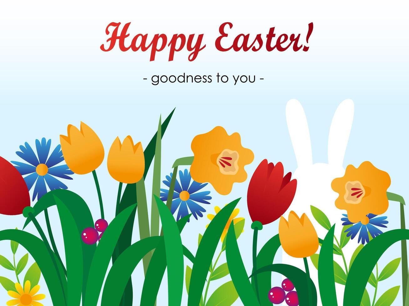 Happy Easter congratulation banner. Greeting card and post card design. Spring flowers with cute white rabbit. vector