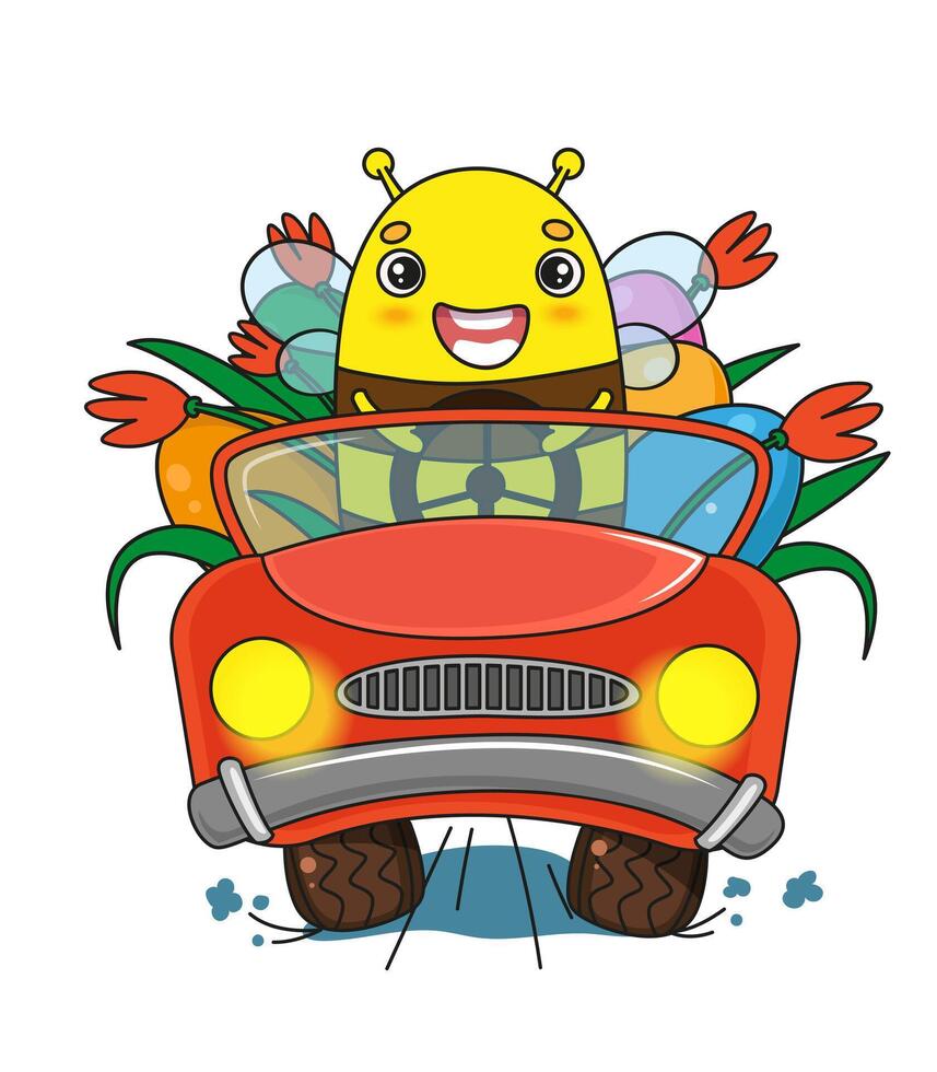 Easter greeting postcard. Cute cartoon bee driving a car with eggs and flowers. Easter kawaii characters. vector