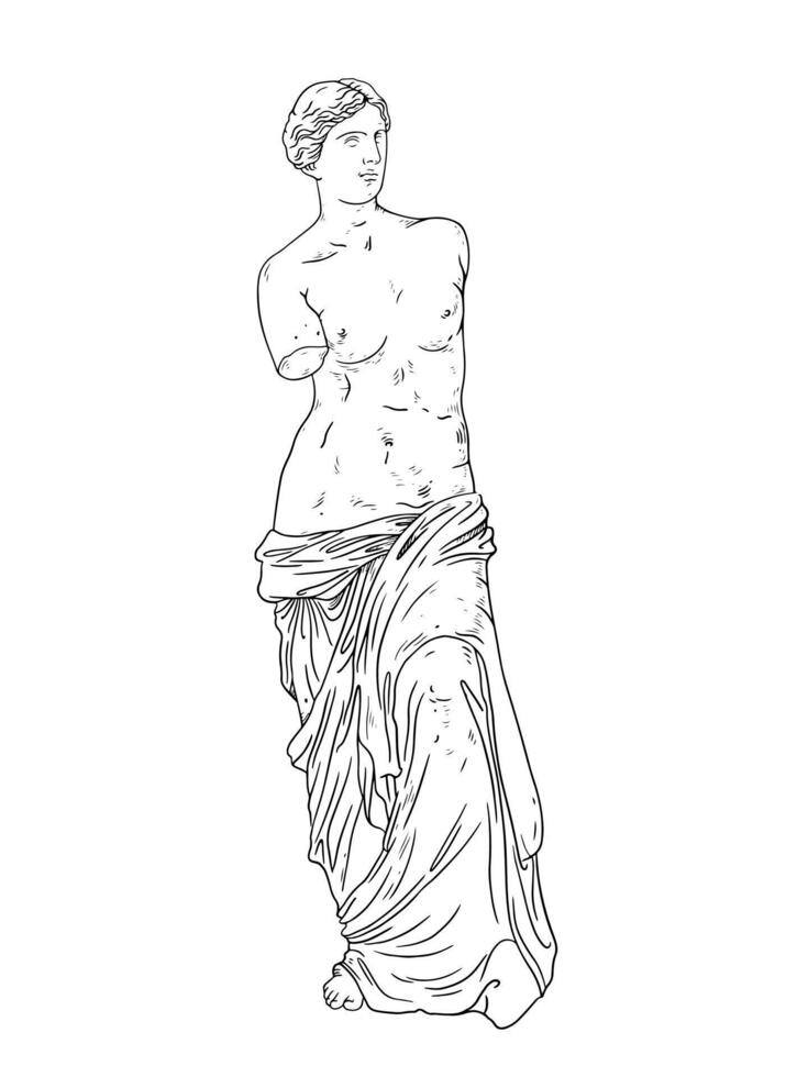 Statue of goddess Venus de Milo Ancient Greek sculpture line art. Outline illustration isolated on white background. Linear style vector