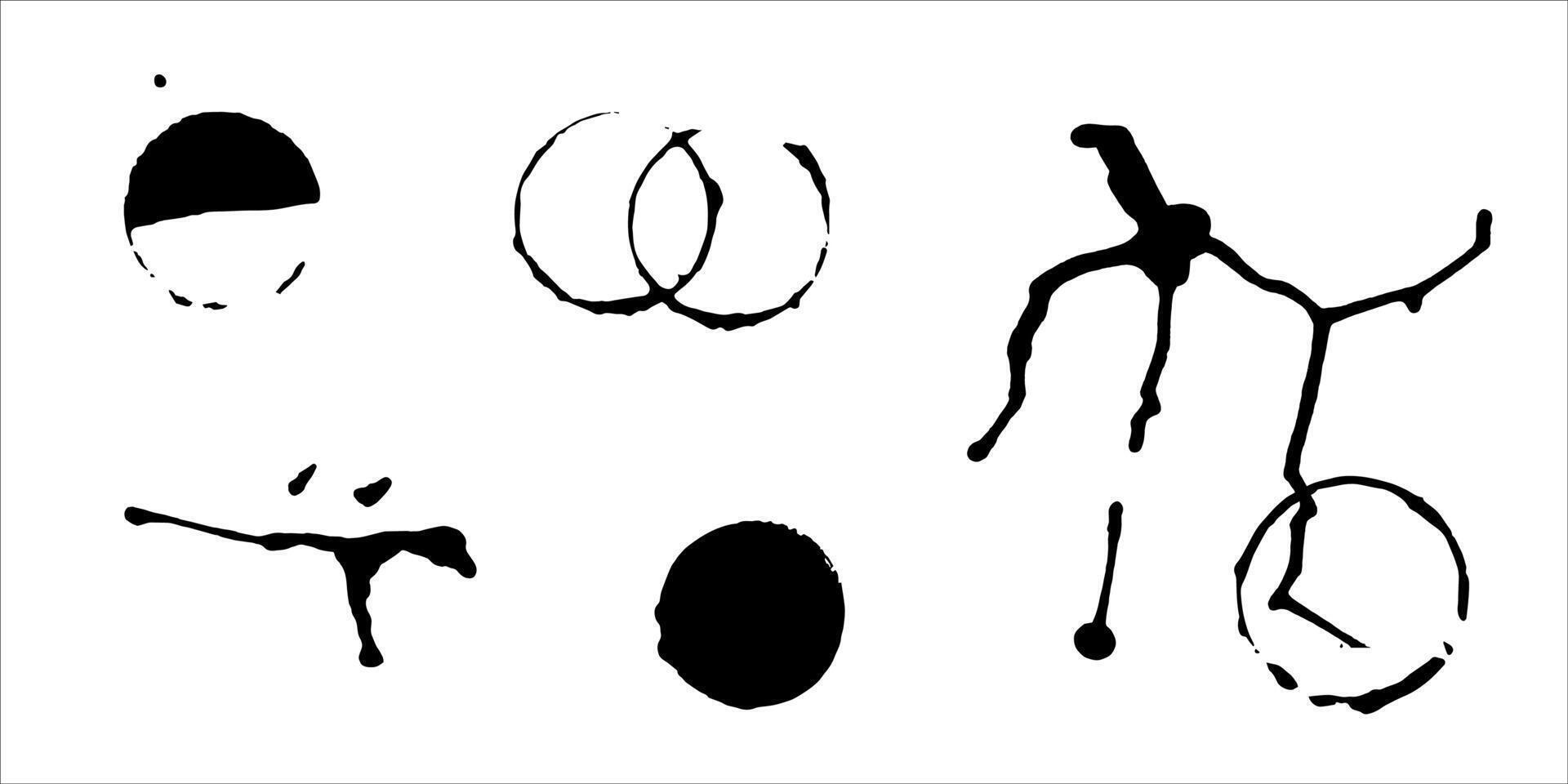 Set of round paint prints. illustration of round ink strokes. Circles template for logo or icon. Black paint splashes isolated on white background. Liquid splatter and abstract stain vector