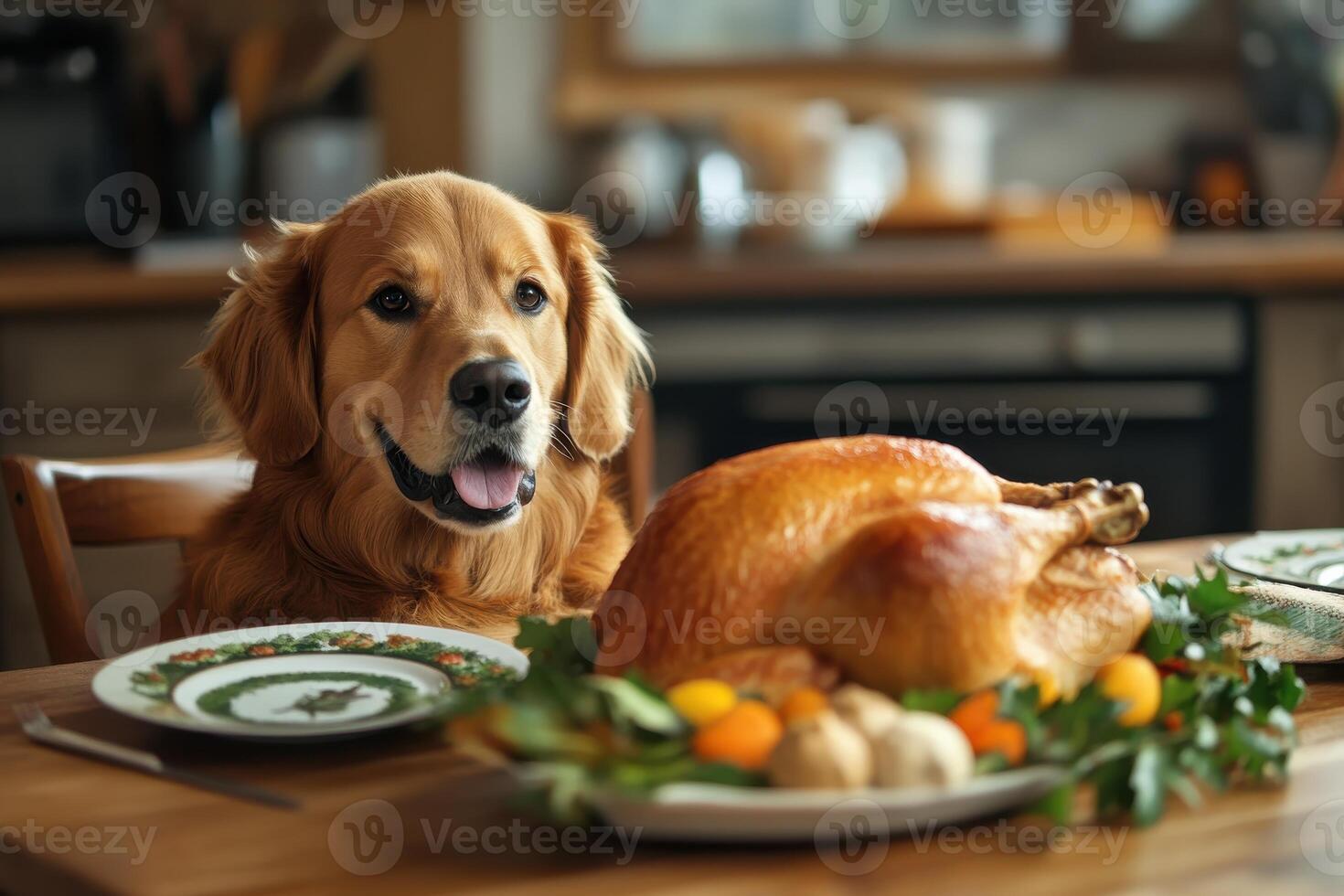 Funny Image of a Dog Stealing a Thanksgiving Turkey from the Table - Perfect for Holiday Humor photo