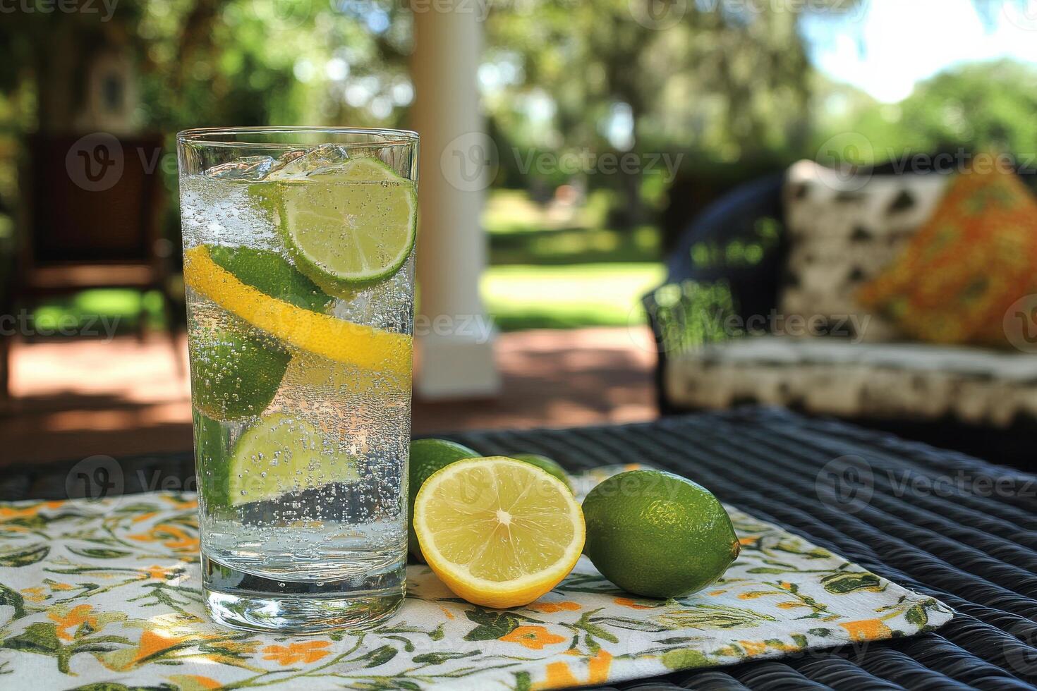 Refreshing Tall Glass of Sparkling Water with Lemon Perfect for Summer Drinks photo