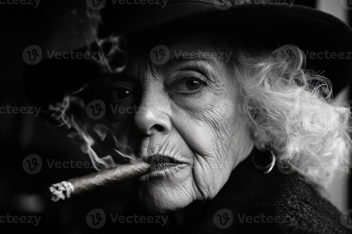 Elderly Woman Exudes Gangster Vibe While Smoking, Perfect for Lifestyle and Culture Themes photo