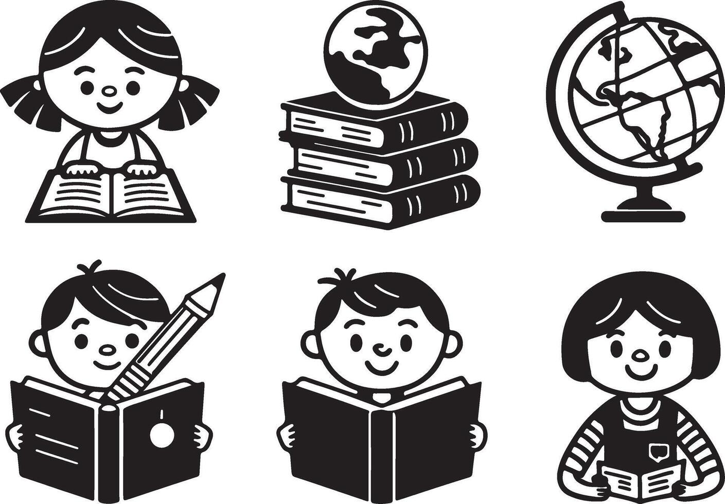 Children's book day icons set. Flat black filled boy and girl reading books silhouette symbol and sign design. vector