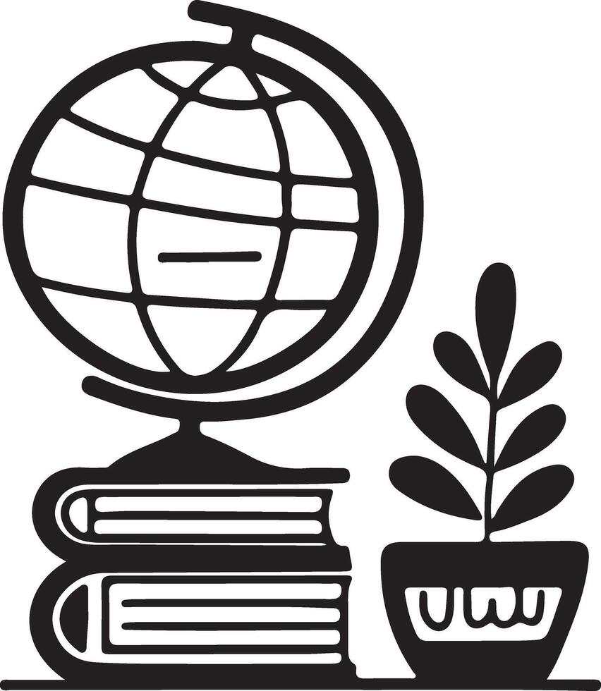 Flat black filled book, globe and flower tub silhouette design. vector