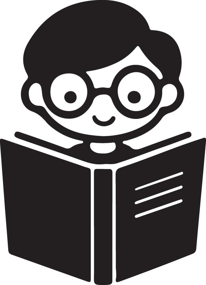 A boy or child reading book flat filled black icon and illustration design. vector