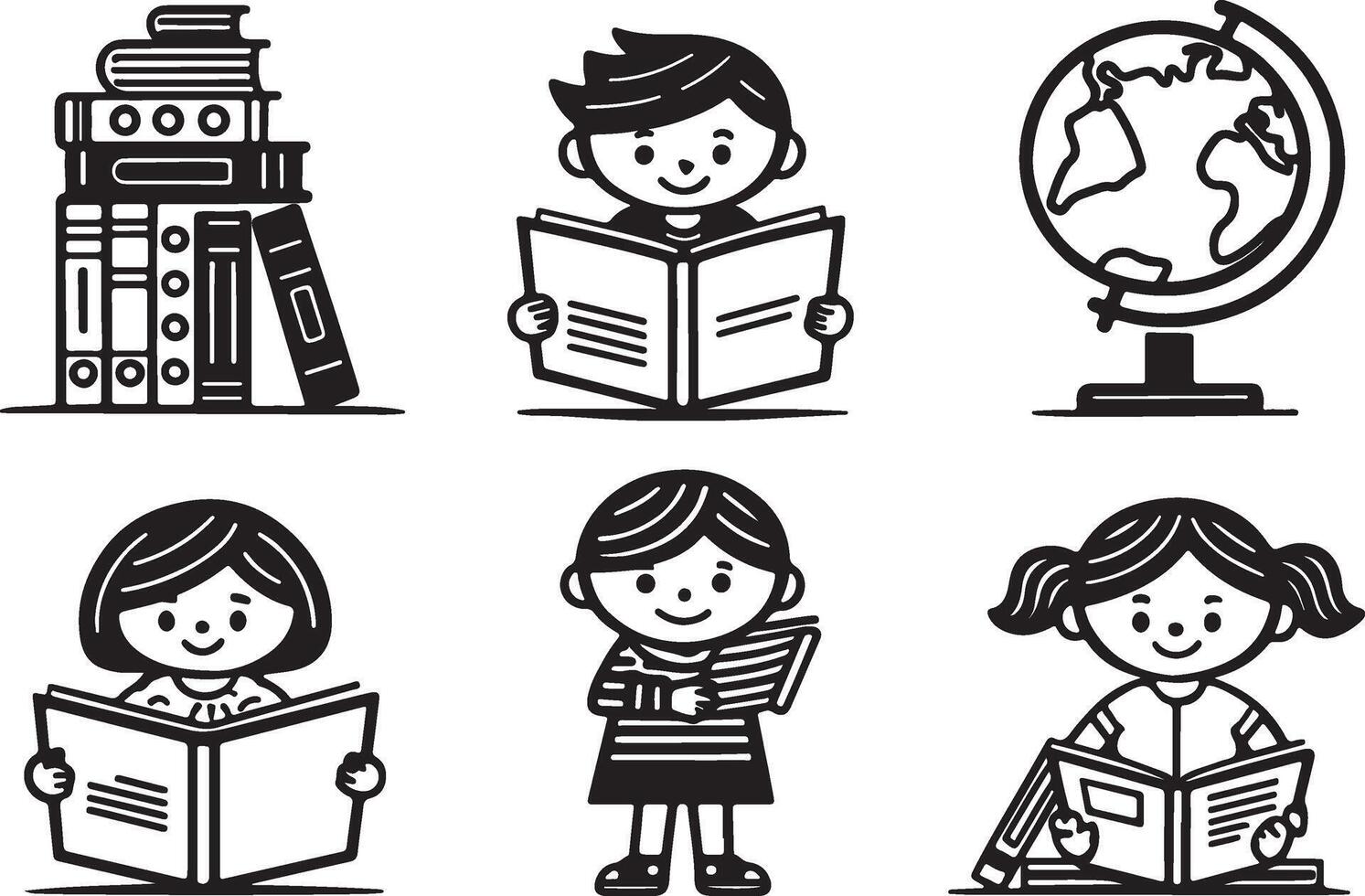 A collection of international children's book day line art icons. Filled and stroke outline of reading, books, girls and boys reading a book sign and symbol. Illustration design. vector