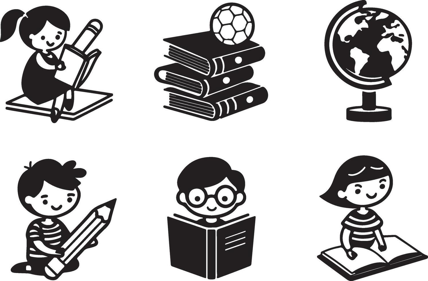 A collection of international children filled and stroke line art symbol and sign. Children reading book silhouette illustration design. vector