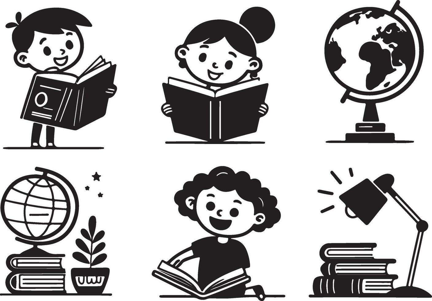 Flat black filled icons set of children's book day, reading book, table stand light and book, and globe. Illustration silhouette design. vector