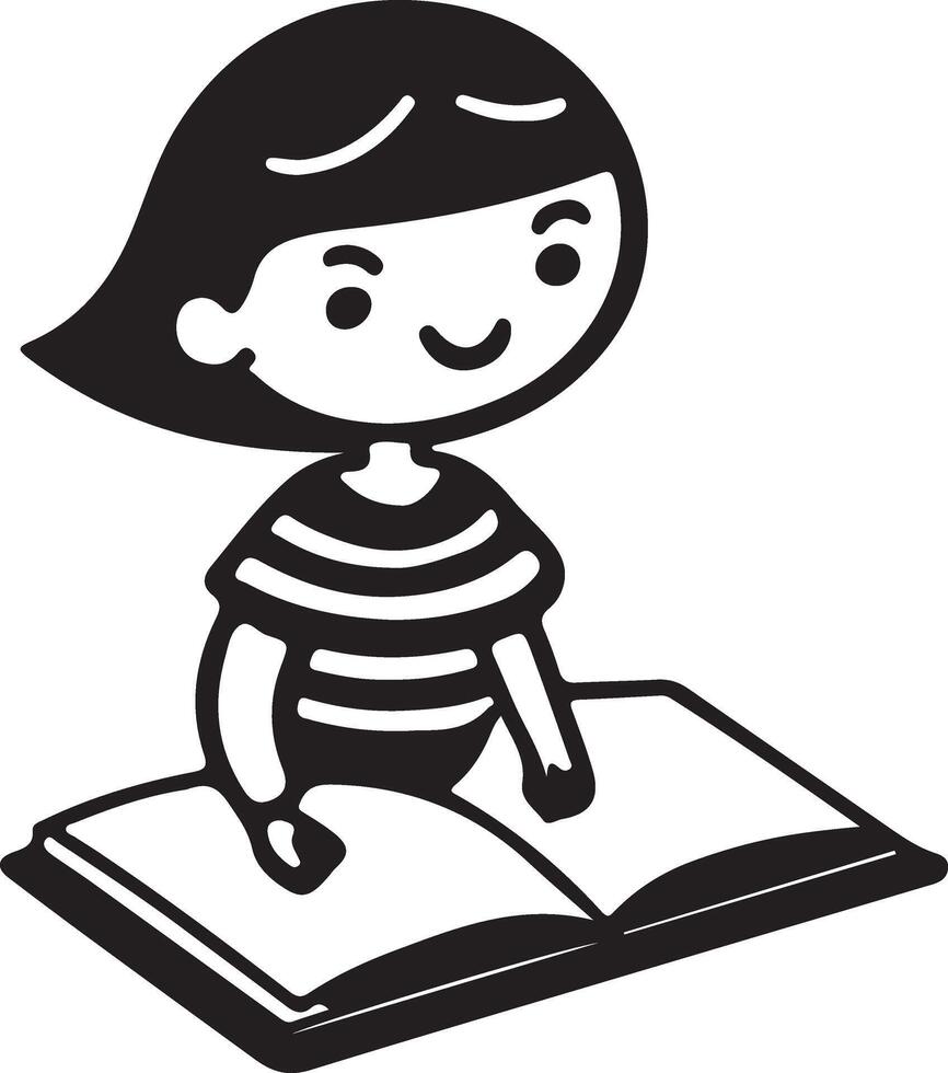 A cute girl reading book flat filled black color icon and illustration design. vector