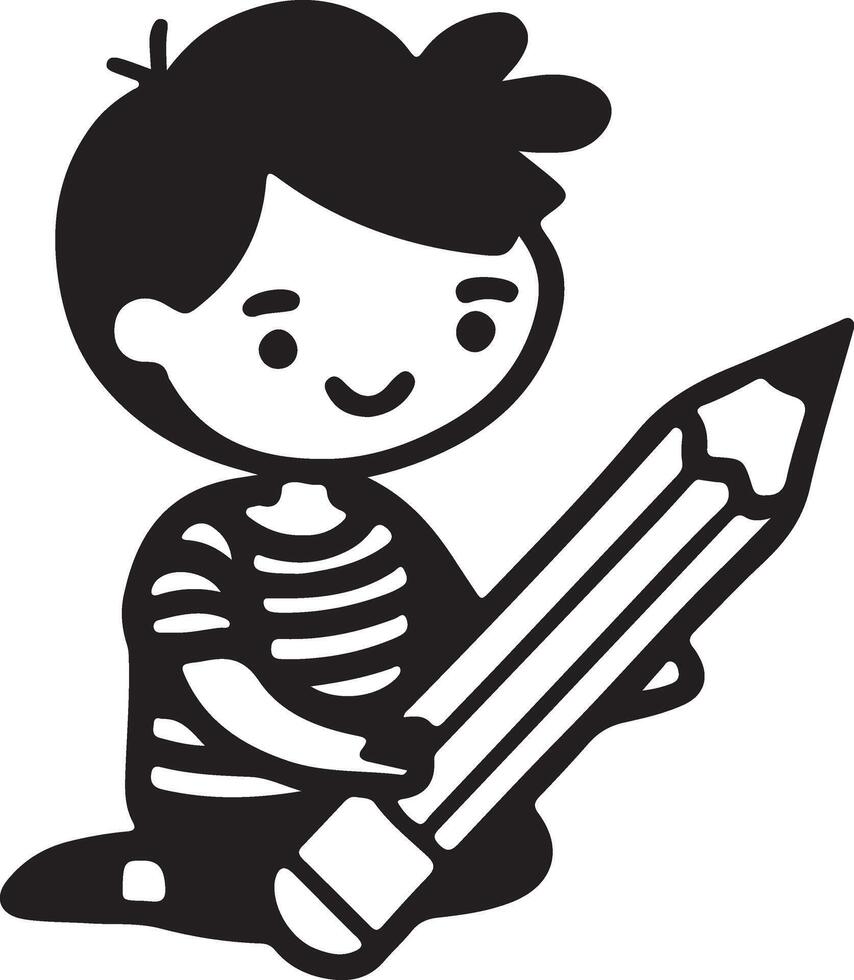 A boy or child holding a pen or pencil, filled and line art illustration design. vector