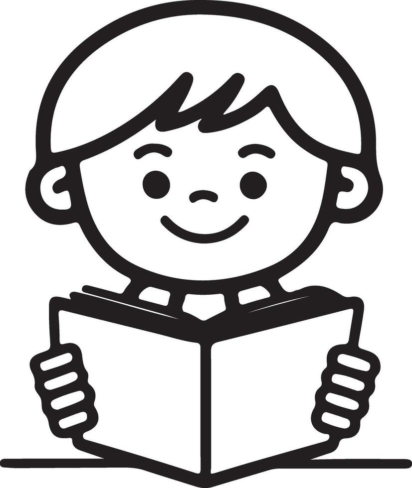 A happy child reading book line art icon. vector