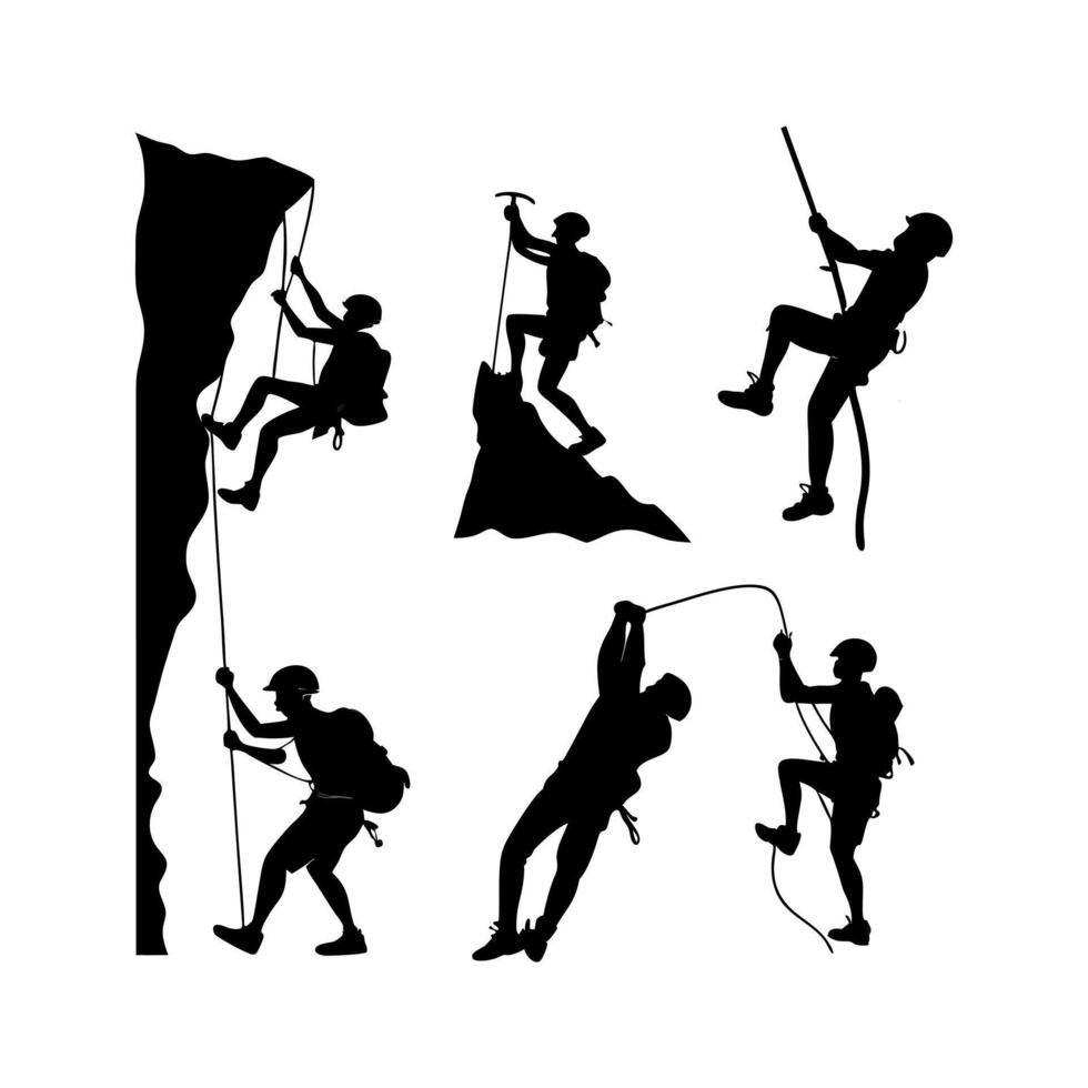 Silhouette of Men Climbing Rock Mountains Illustration vector