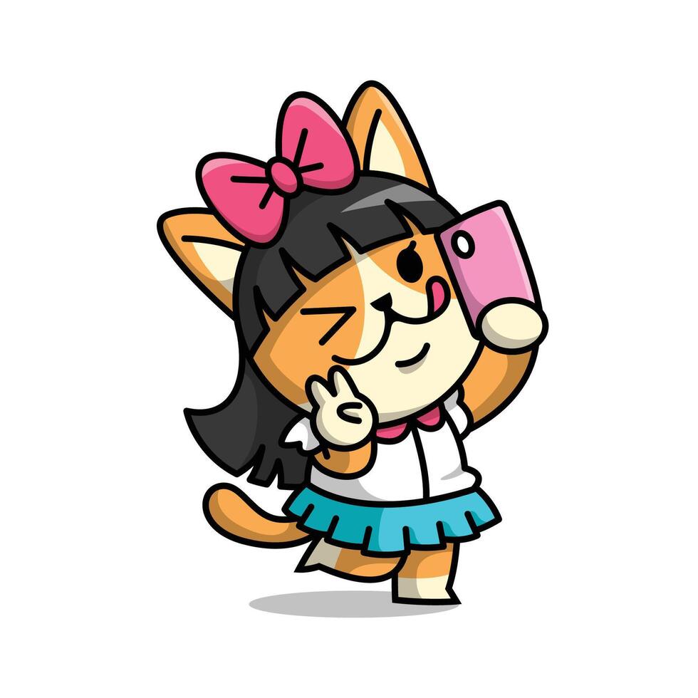 CUTE SCHOOL GIRL CAT DOING SELFIE CARTOON ILLUSTRATION vector