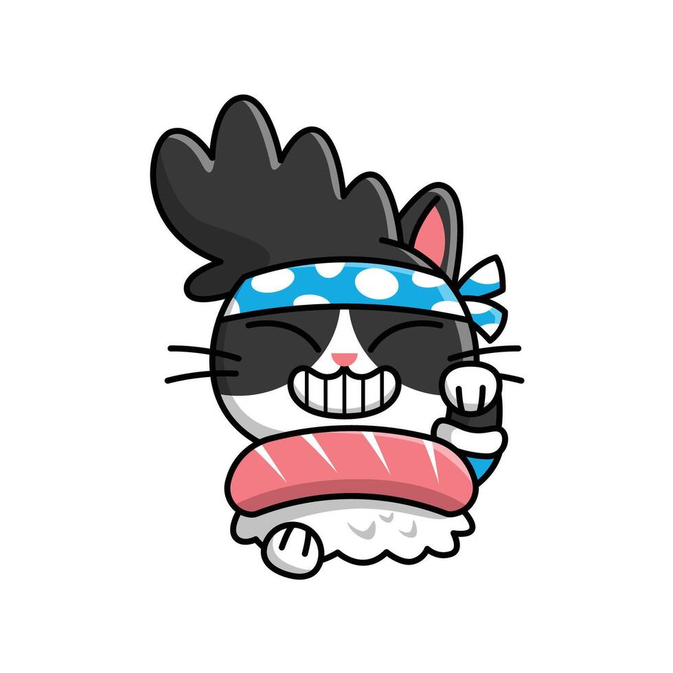 FUNNY SMILING CAT WITH A HEAD BAND AND HOLDING A BIG SUSHI CARTOON LOGO vector