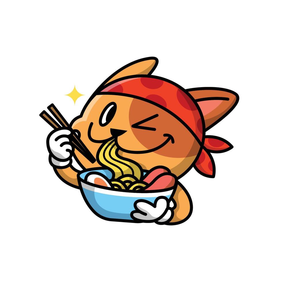 CUTE CAT IS EATING RAMEN NOODLE WITH COPSTICK LOGO DESIGN vector