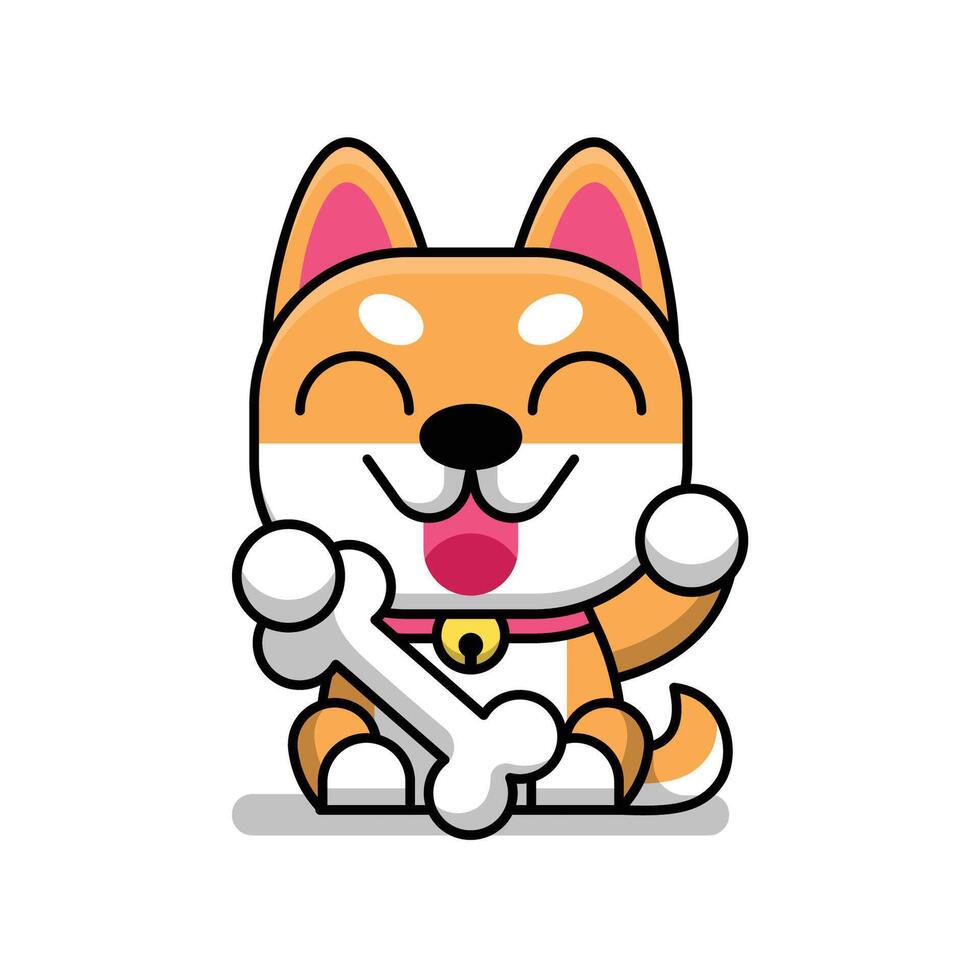 FUNNY SHIBA DOG IS HOLDING A BIG BONE CARTOON LOGO vector