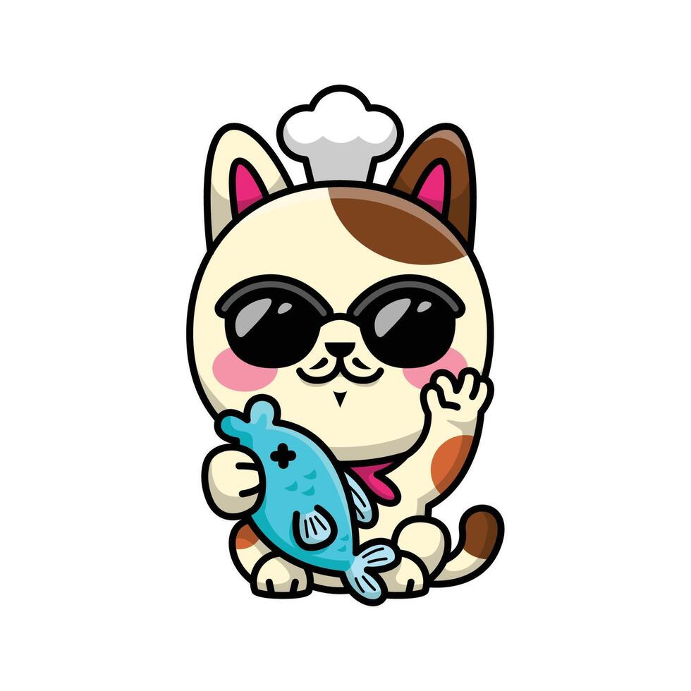 FUNNY MANEKI NEKO WITH A CHEF HAT IS HOLDING A BLUE FISH CARTOON ILLUSTRATION vector