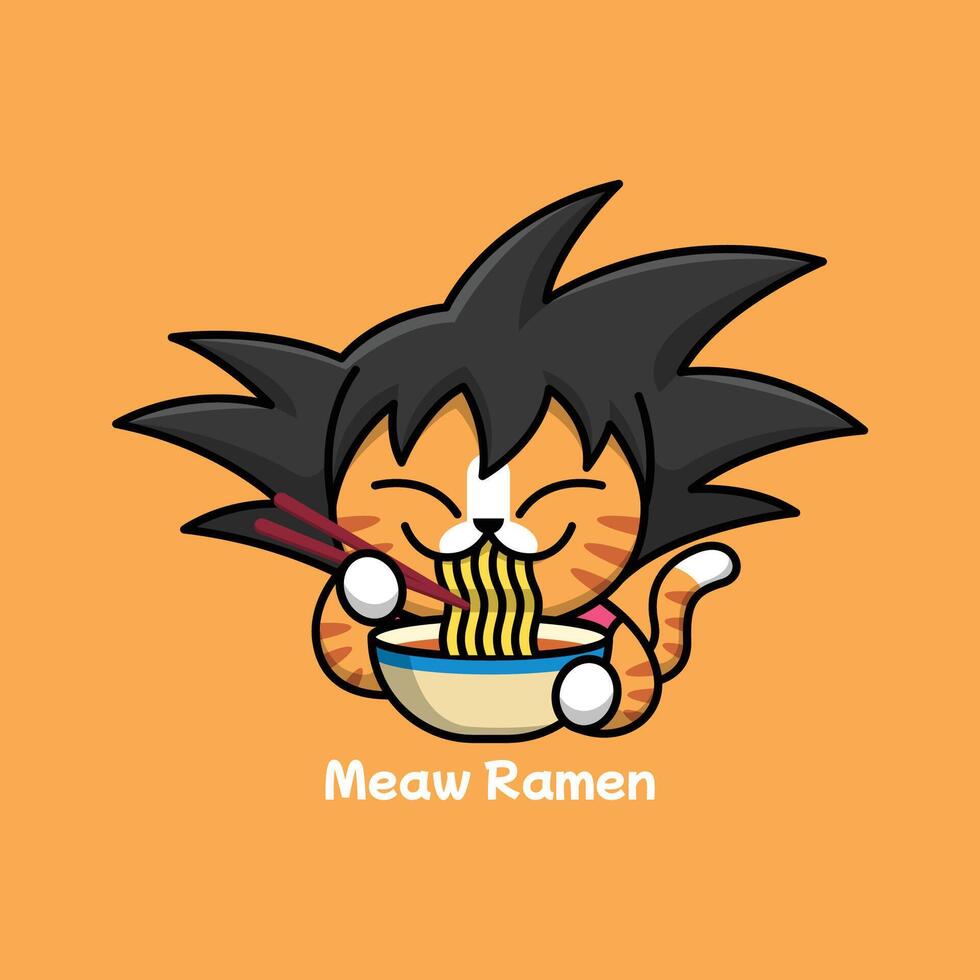 CUTE CAT WITH SPIKY HAIR IS EATING A BOWL OF RAMEN CARTOON LOGO vector