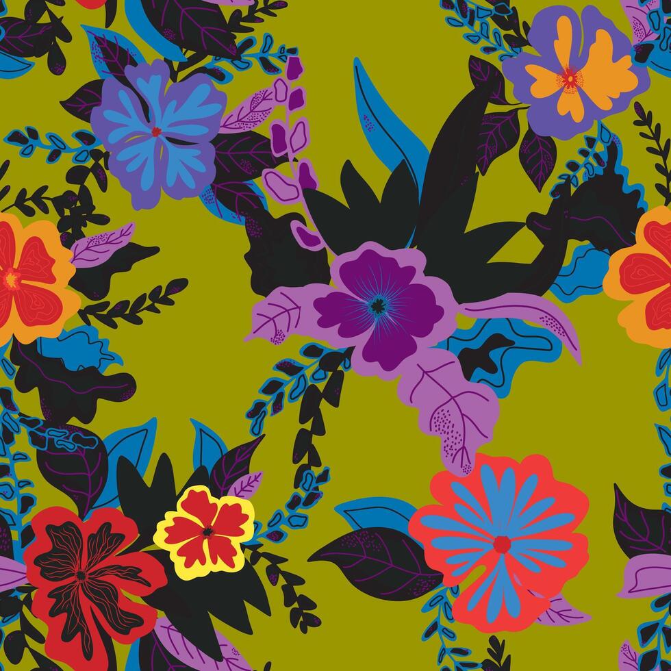 a colorful floral pattern with flowers and leaves vector