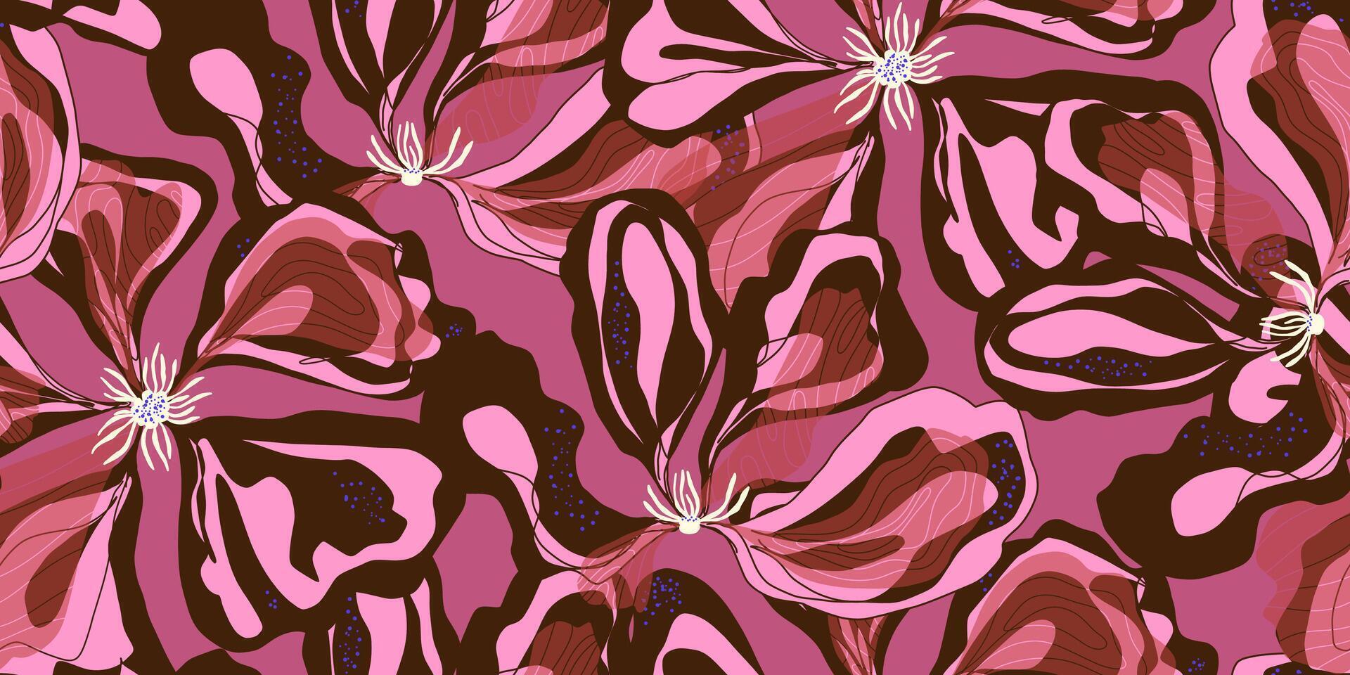 a pink and brown floral pattern with a black background vector