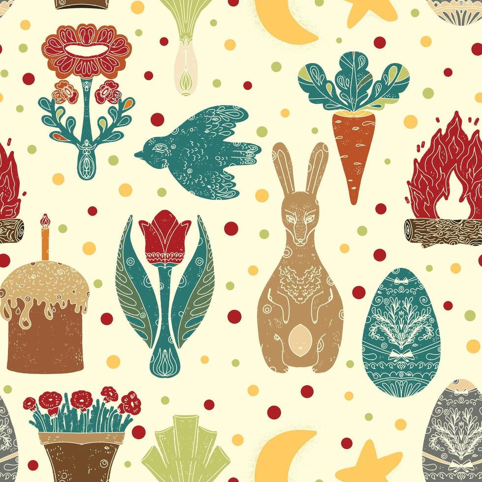 a seamless pattern, with rabbits, eggs and other items vector