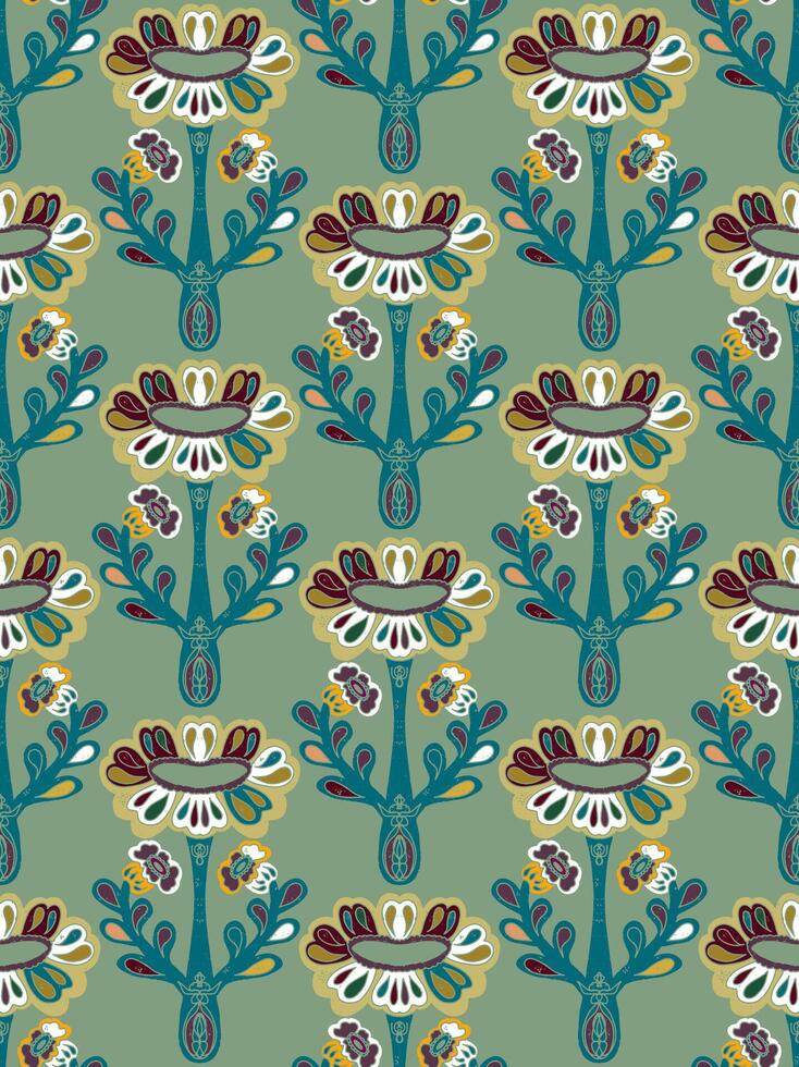 a green and blue pattern with flowers and leaves vector