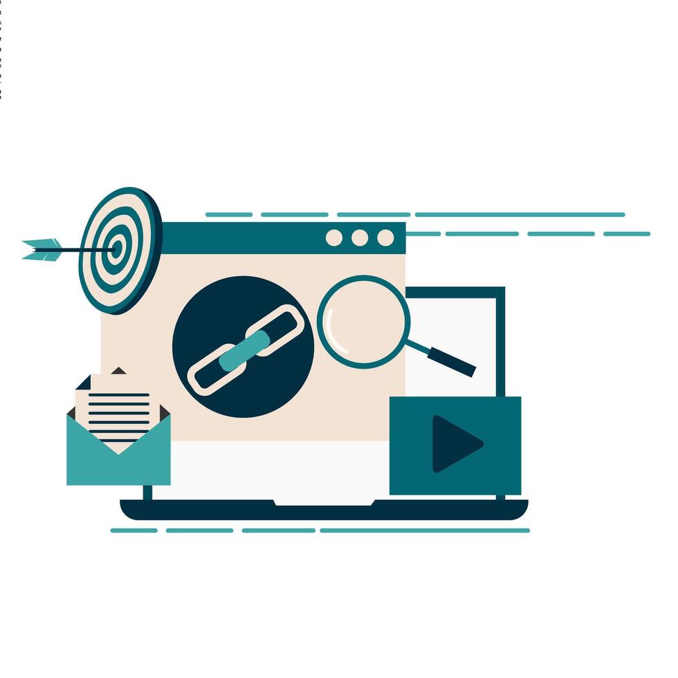 A laptop with a magnifying glass and a link vector