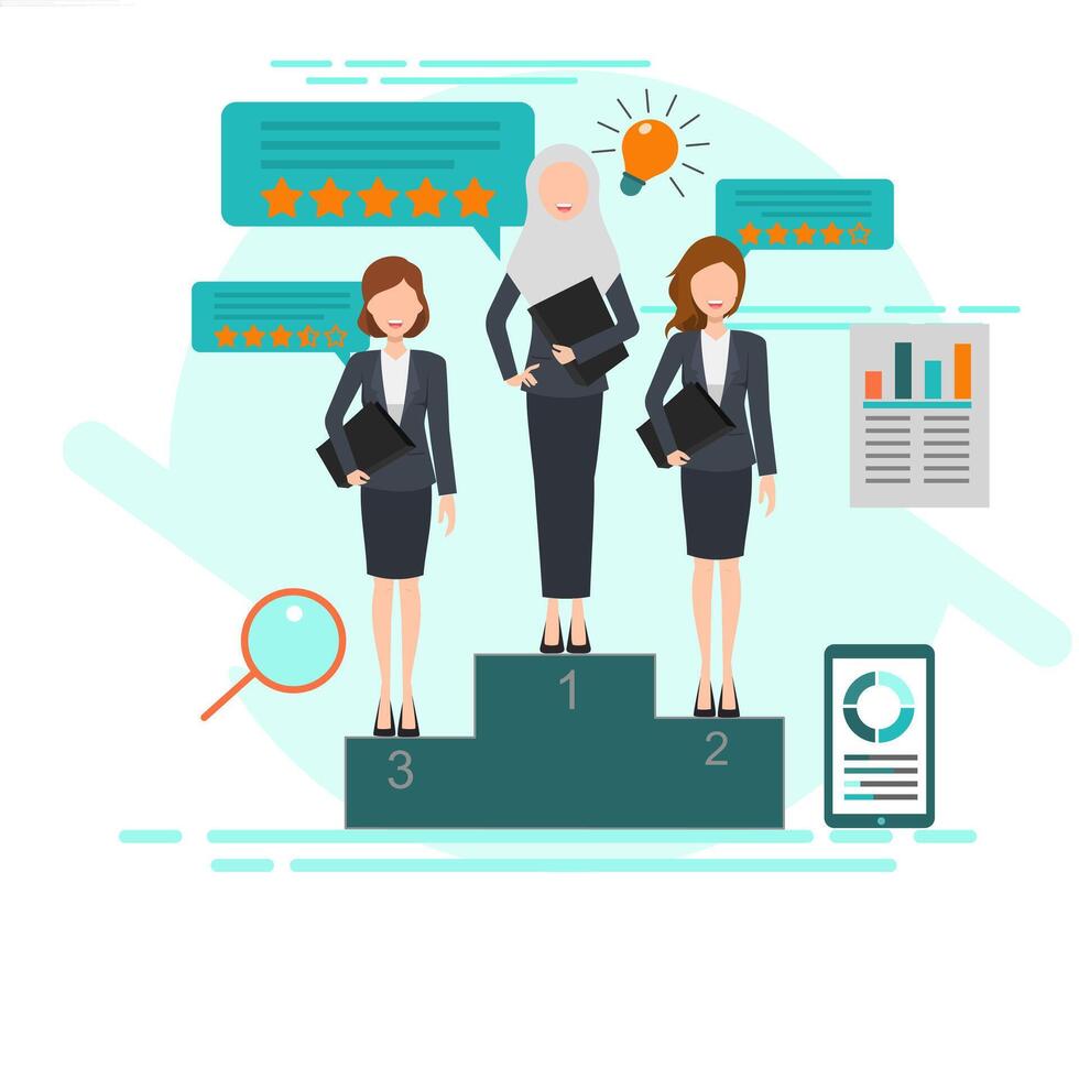 Three businesswomen standing on a pedestal with a magnifying glass vector