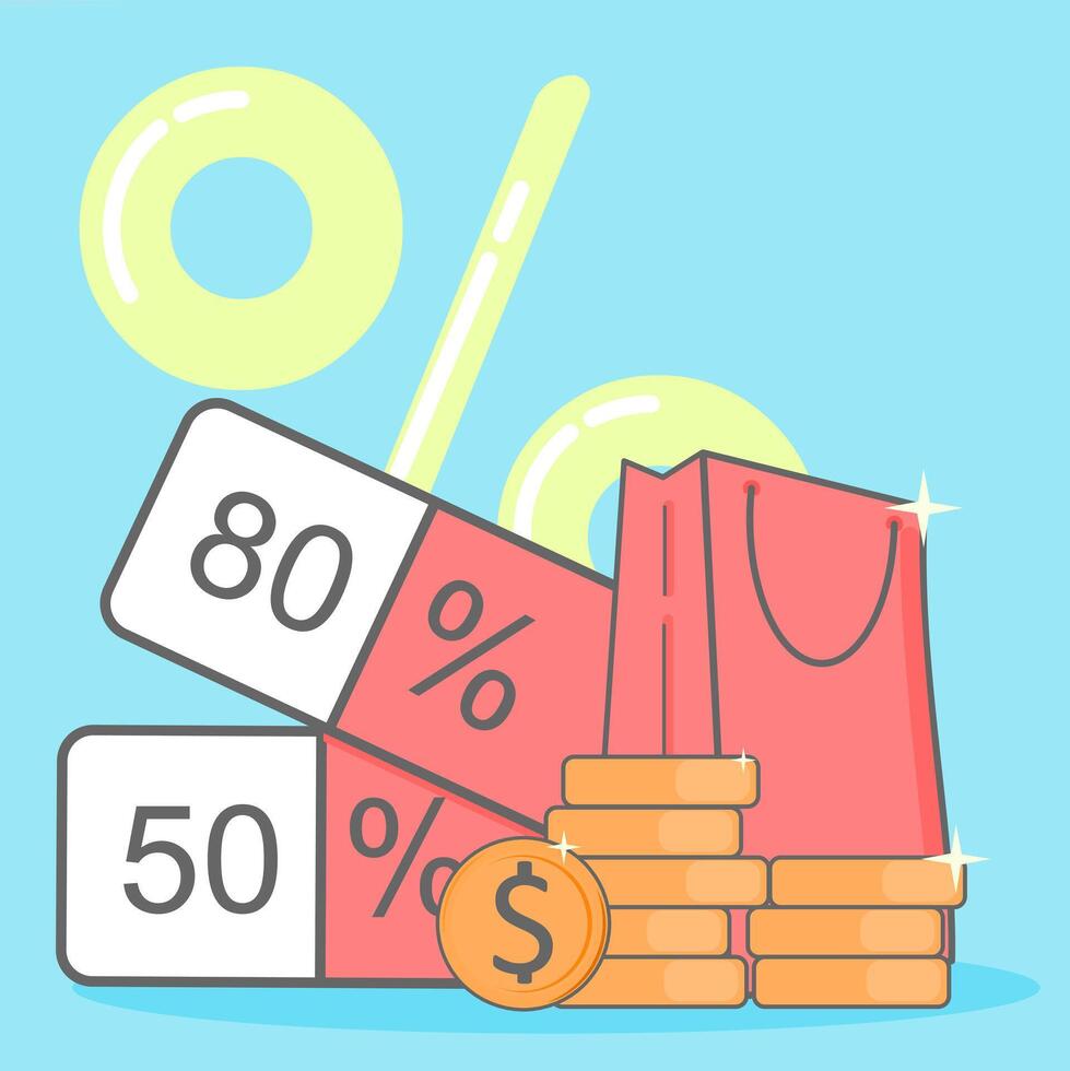 A shopping bag with a discount sign and a stack of coins vector