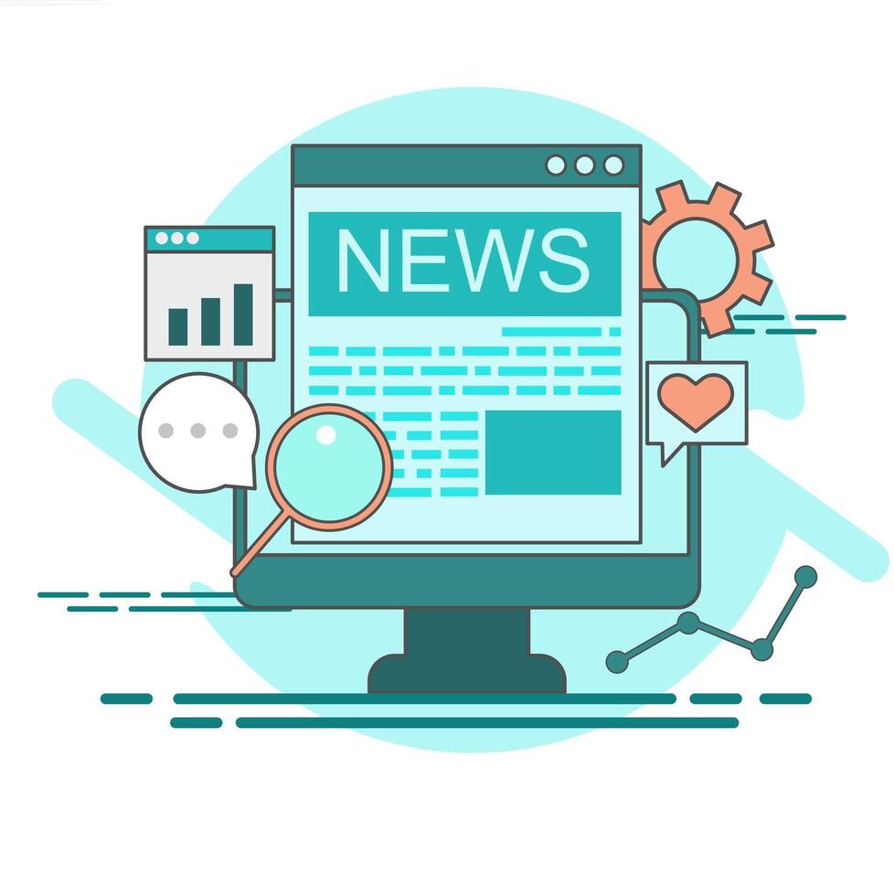 News on computer screen with magnifying glass and other icons vector