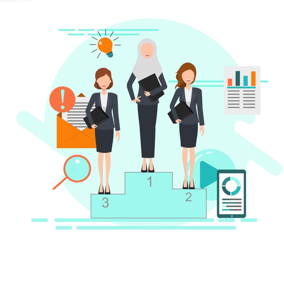 Businesswomen standing on a podium with a trophy and other items vector