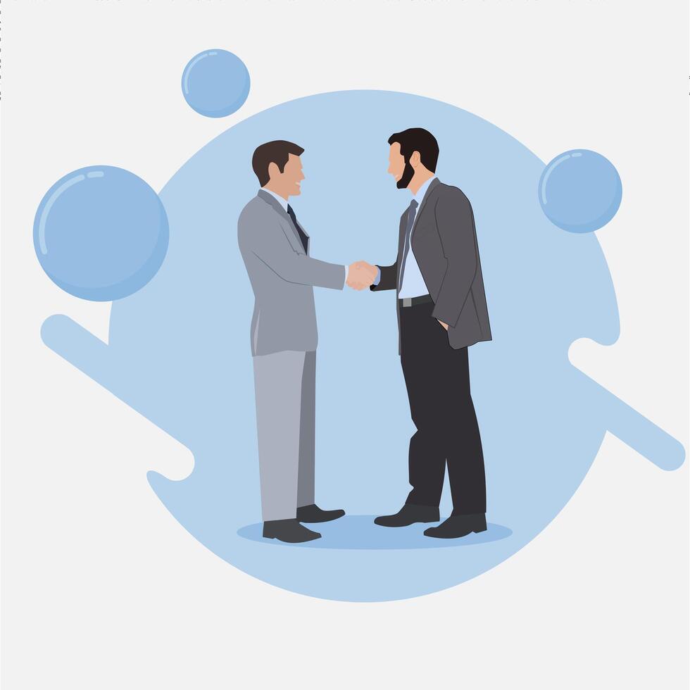 Two men shaking hands in front of a blue circle vector