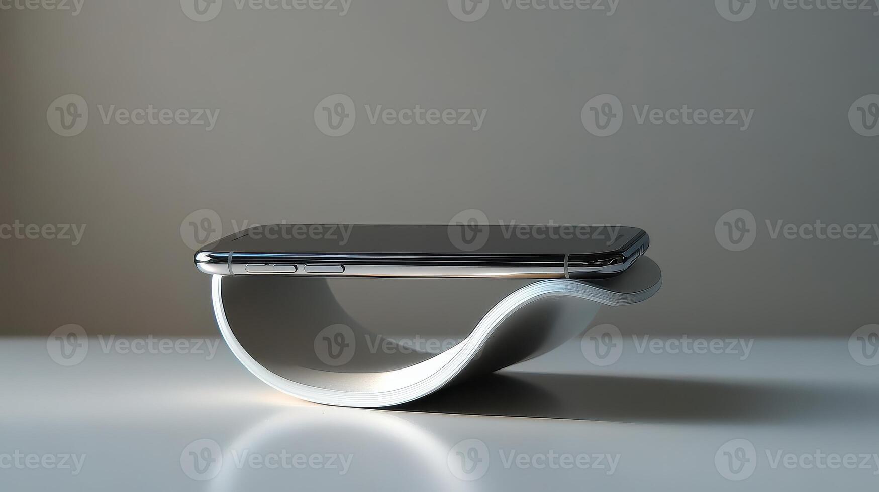 Minimalist Silver Smartphone Holder on a Soft Surface A Perfect Blend of Design and Functionality for Stylish Workspaces photo