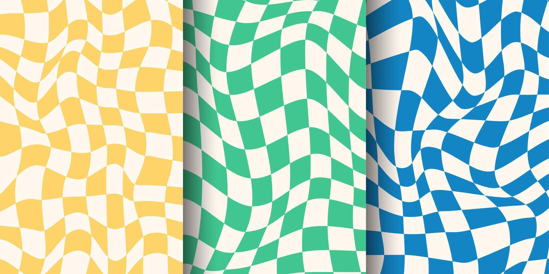 Collection of 70s backgrounds in retro hippie style. Wave patterns, squares, nets vector