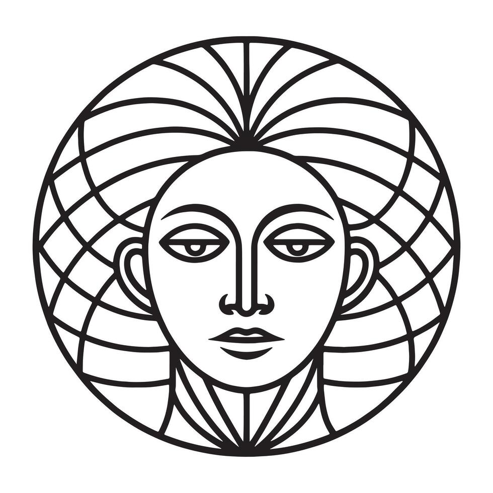 Geometric Line Art Portrait of a Woman. A stylized, black and white line art portrait of a woman's face and head, set within a circular frame with intricate geometric patterns. vector