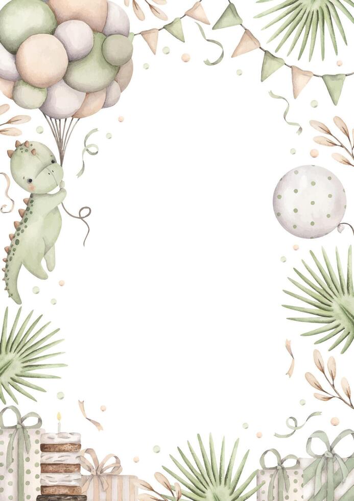 Dinosaurs Birthday Party. Watercolor hand-drawn frame with little dinosaur is hanging from bunch of balloons, tropical plants, gifts and confetti. vector