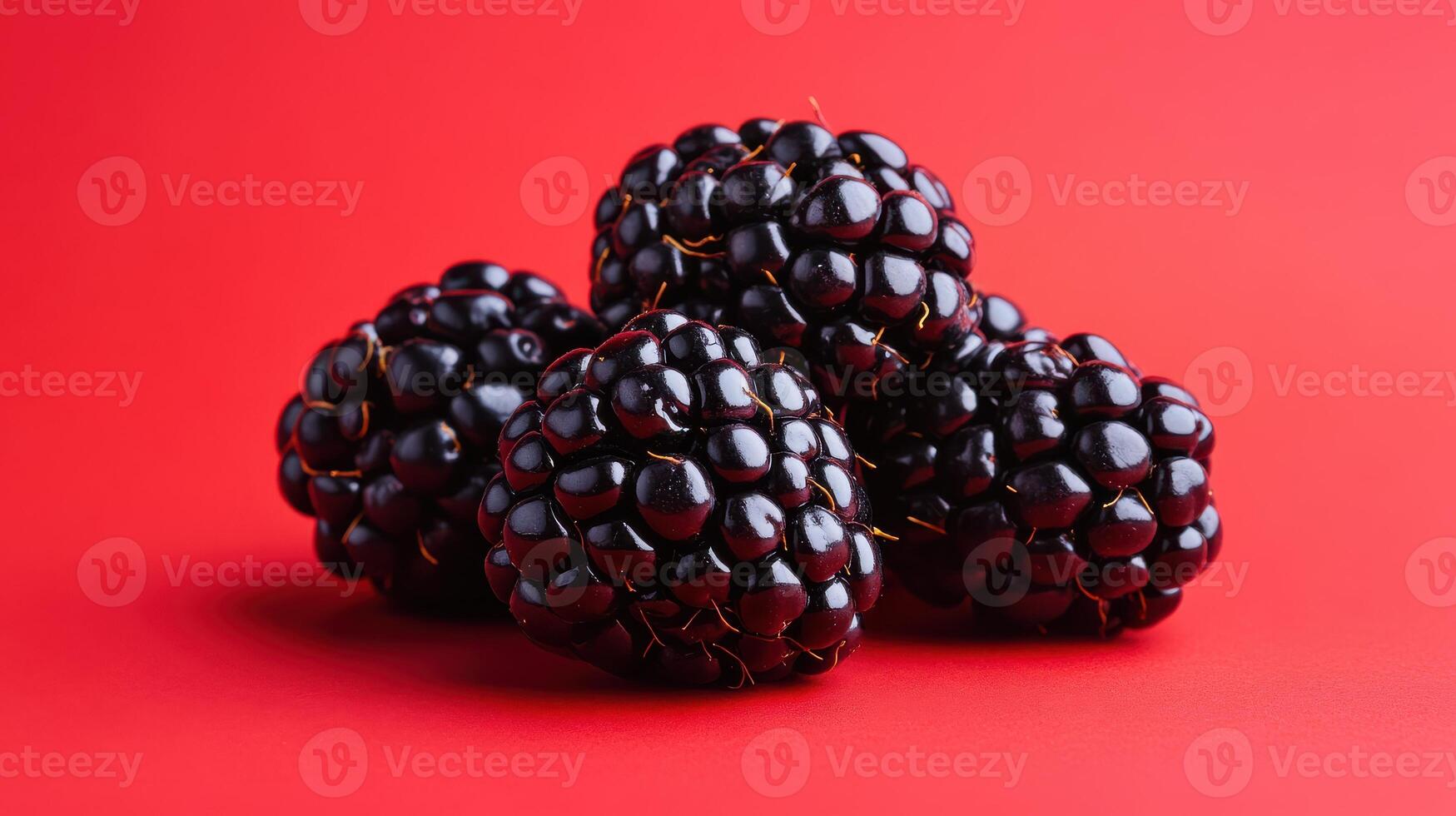 A vibrant composition of fresh blackberries placed on a bright red background, perfect for food photography or advertising healthy snacks in vibrant designs. photo