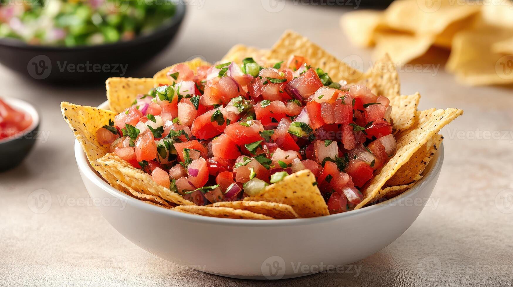 A delicious bowl of nachos served with fresh salsa on a light gray background, ideal for food blogs, menus, and social media posts featuring Mexican cuisine. photo