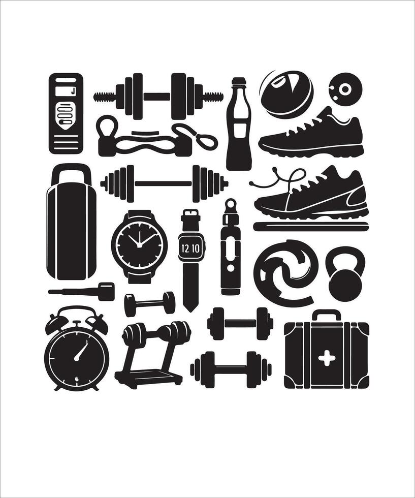 Fitness Gear gym equipment silhouette illustration with a white background . set of black and white icons. vector