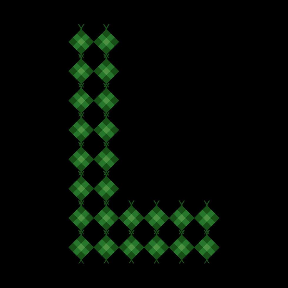 Letter L ketupat. Eid al-Fitr and Adha holiday dishes. Ketupat in organic green packaging. Eco-friendly Islamic culinary concept. Traditional rice dishes. Monogram style ketupat. Uppercase alphabet. vector